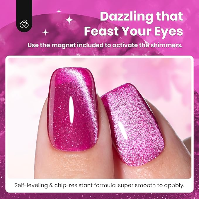 Beetles Hot Pink Gel Nail Polish - 15ML Summer Hot Pink Cat Eye Glitter Gel Polish with Magnet Soak Off UV Shimmer Velvet Gel Berry Stardust Series French Nail Art Manicure Gifts for Women