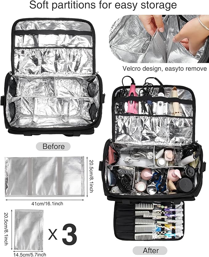 MONSTINA Rolling Makeup Train Case with Four Small Makeup Bag+ Professional Hairdressing Bag,Makeup Case for Hairstylist,Makeup Artist Trolley Travel Makeup Case with Adjustable Divider (Black)