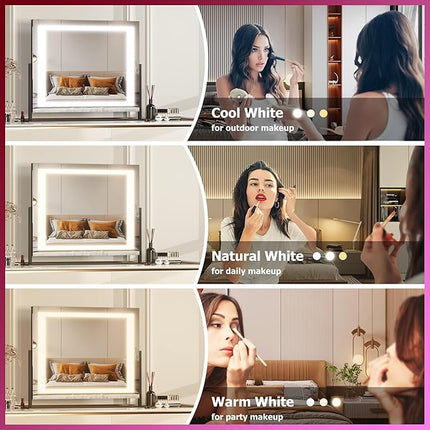 Hasipu Vanity Mirror with Lights, 24.2" x 19.7" LED Makeup Mirror, Light up Mirror with 10X Magnification, Smart Touch 3 Colors Dimmable, 360° Rotation (Right Angle Black)