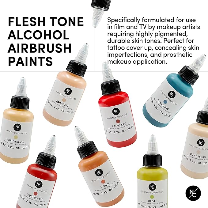 Flesh Tone Alcohol Airbrush Paints - 2 fl oz, Skin Safe, Quick Dry, Waterproof, Sweatproof, Transferproof Liquid Makeup for Tattoo Cover-Up, Bodypainting, FX Makeup - Fair Tone