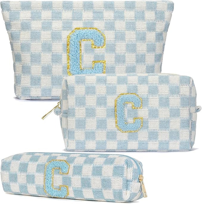 Graduation Gifts for Her,3 Pieces Checkered Makeup Bag Personalized Initial Make Up Bag Cute Storage Pouch Travel Toiletry Cosmetic Bag Teacher Birthday Gifts for Women (Blue-C)