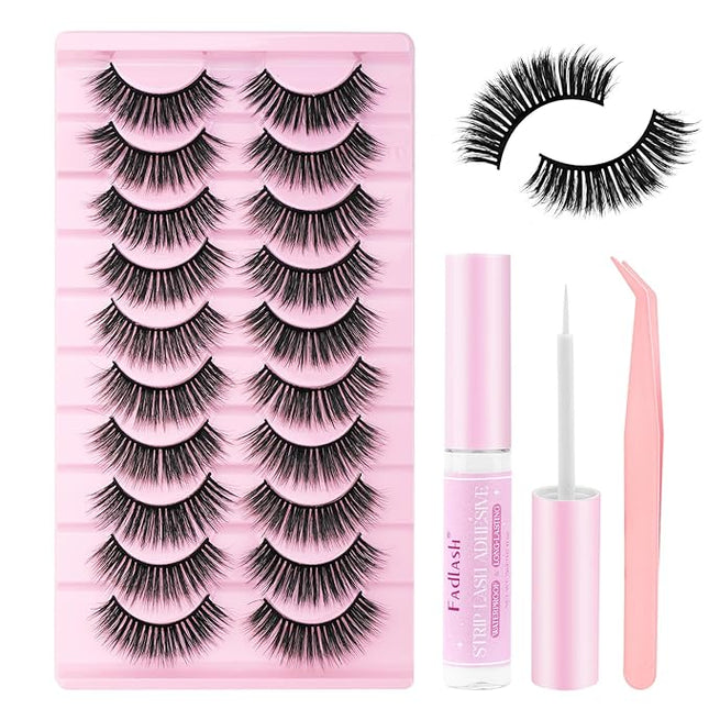 FADLASH False Eyelashes Kit 10 Pairs Mink Lashes Wispy with Tweezer Fake Eyelashes Natural Look Handmade Eyelashes Fake Lashes Strips (LDM-22 Kit)
