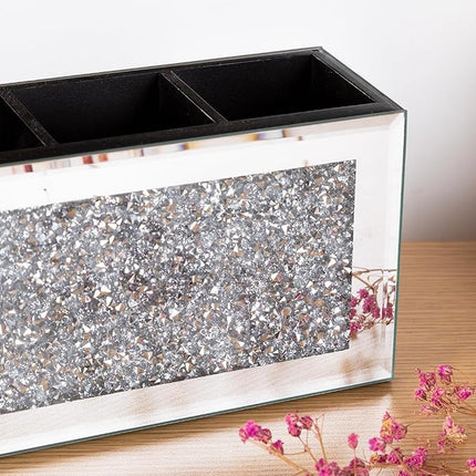 SHYFOY 4-Compartment Makeup Brush Holder, Mirrored Makeup Organizer with Crushed Diamond Crystals, Vanity Cosmetics Organizer Solution, Pencil Holder Organizer for Desk