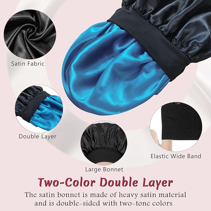 2pcs Bonnet for Men, Bonnets for Women, Satin Silk Hair Bonnet for Sleeping, Reversible Double Layer Wide Band Sleep Cap for Curly Hair Braids