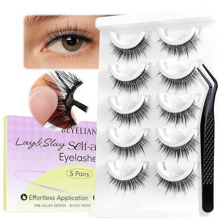 BEYELIAN Self Adhesive Eyelashes Reusable, Pre Glued Eyelashes No Glue Need Press on Lashes, Wispy Natural Look Faux Mink False Eyelashes 5 Pairs ZCV-188