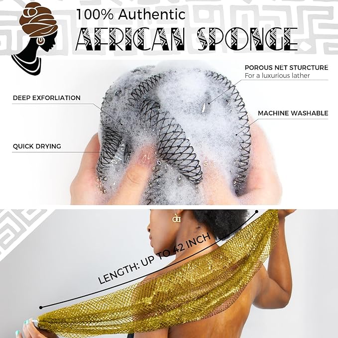 African Net Sponge Black and AntiGolden - 2 Pieces Authentic African Bath Sponges with Knots - Exfoliating Body Scrubber for Men - Back Scrub Exfoliator for Shower Bathroom Accessories