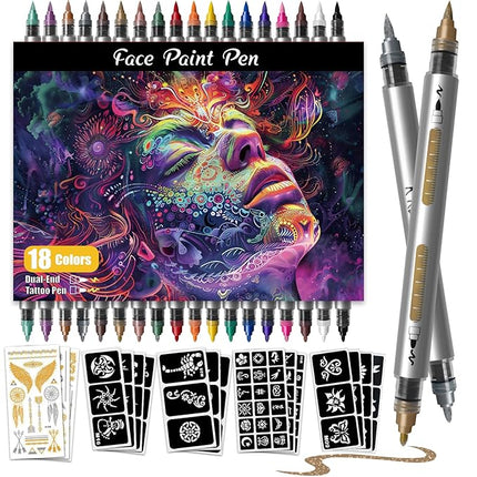 Water Resistant Face Paint Tattoo Pen - 18Pcs Temporary Tattoo Markers for Skin Dual-End Visible Capacity Henna Body Tattoo Kit, Body Painting Kit, Teen Girl Gifts Trendy Stuff for Teenage Adults