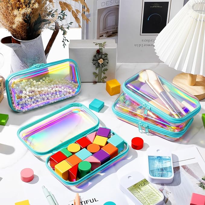 Hoolerry 4 Pcs Hard Clear Zipper Case Makeup Bags Plastic Pencil Pouch Transparent Storage Box Containers for Cosmetics, Snacks, Building Blocks, Puzzles(Blue Laser,7.5 x 3.9 x 2 in)