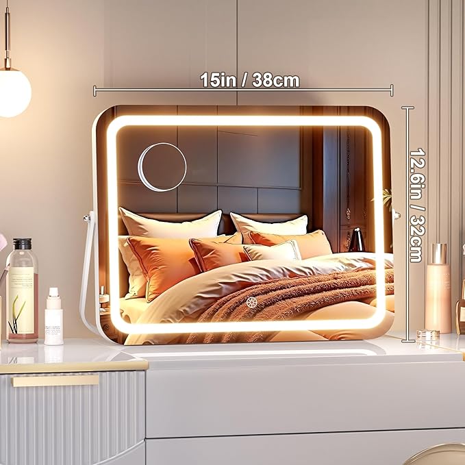 MINISO Vanity Mirror with Lights, 15" x 13" LED Makeup Mirror, Light & Brightness Adjustment, Smart Sensor, 360°Rotation, Aluminum Alloy Metal White Frame, with 5X Magnifying Glass
