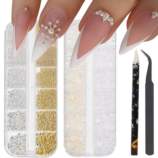 HNUIX Nail Art Charms - Metal Silver & Gold Beads, Flat Back Round Rhinestones, Small Nail Pearls, 3D Mixed Sizes Decorations for Nails