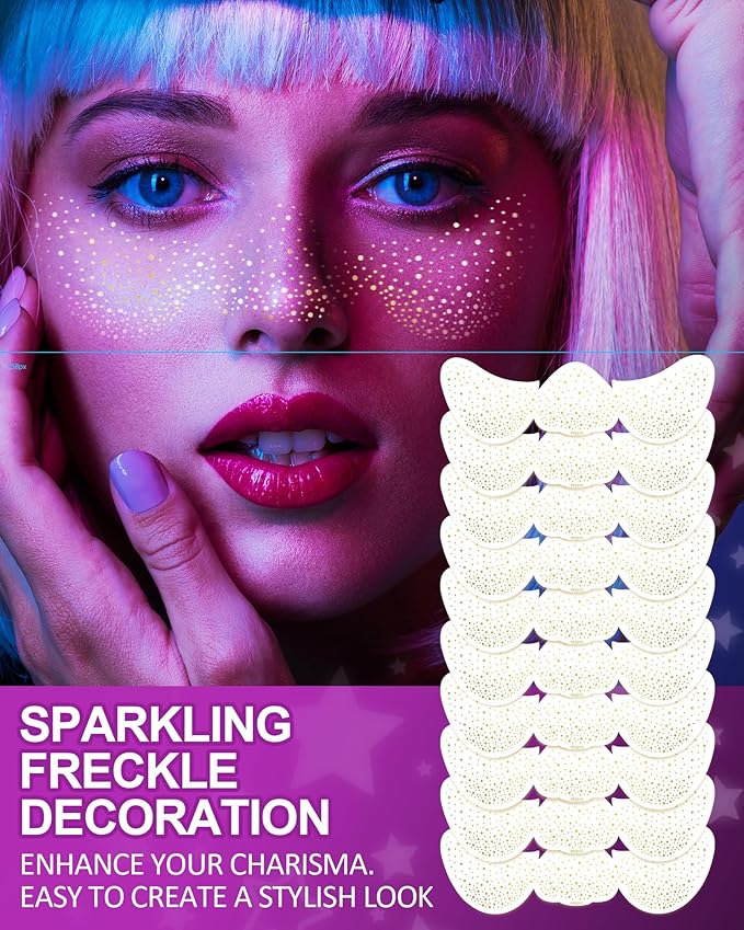 Face Glitter Freckles, Gold Face Tattoo Makeup Patches, Speckles Sparkle Beauty Waterproof Fake Freckle for Holiday Dance Music Party Makeup - 10 Count