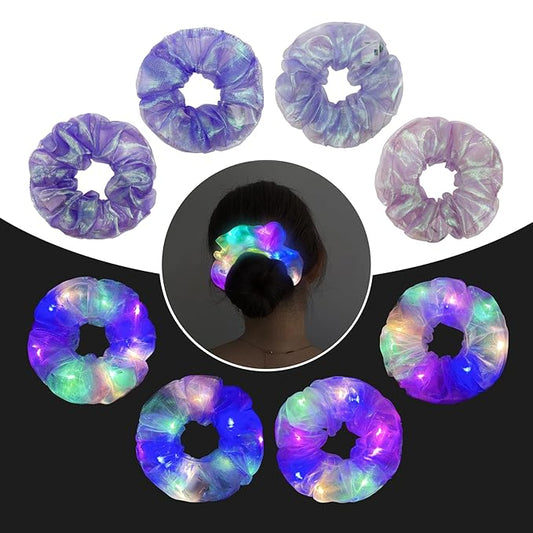 4Pcs Light Up Scrunchies Halloween Hair Tie, Purple LED Scrunchy Hair Elastic for Women & Girls, Glow in the Dark Party Supplies Party Favor Festival Rave Accessories for Neon Glow Party