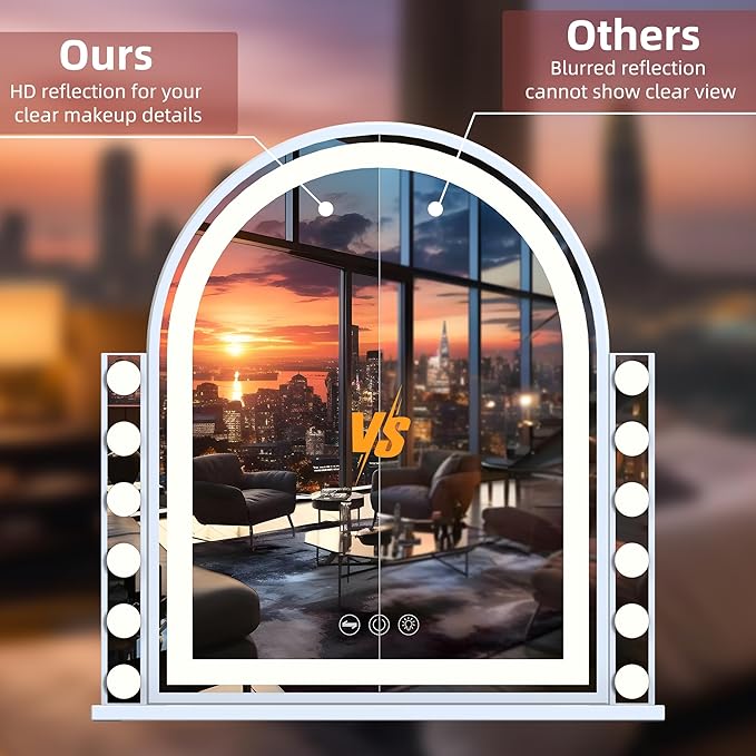 VANITII Hollywood Vanity Mirror with Light Strip and 12 Bulbs 18.1"x23.4" LED Arched Makeup Mirror with 3 Color Modes Lighted Makeup Mirror with 10X Magnification for Dressing Room