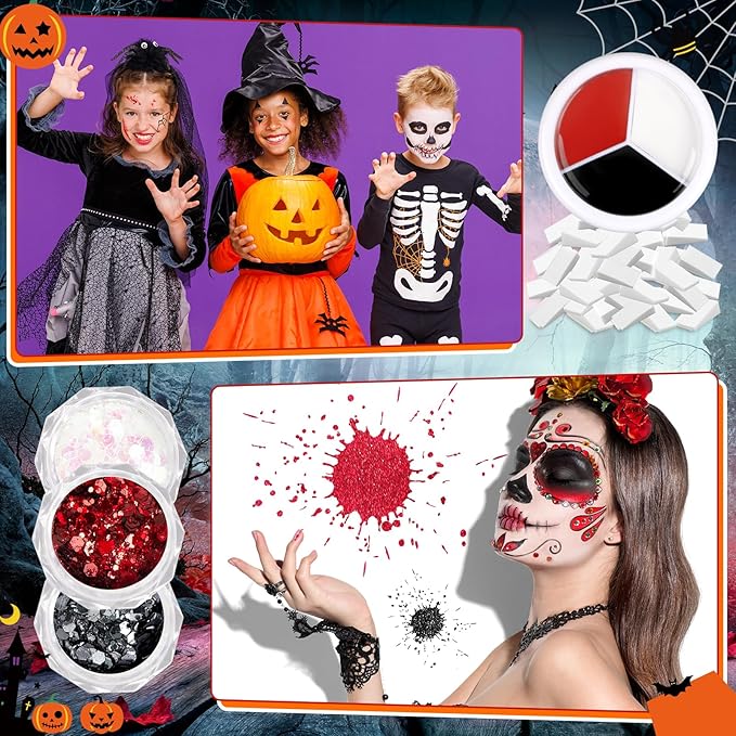 16 Pcs Halloween Face Paint Kit Red White Black Face Paint Kit with Glitter Makeup Brush Sponges for Halloween Cosplay Party Supplies