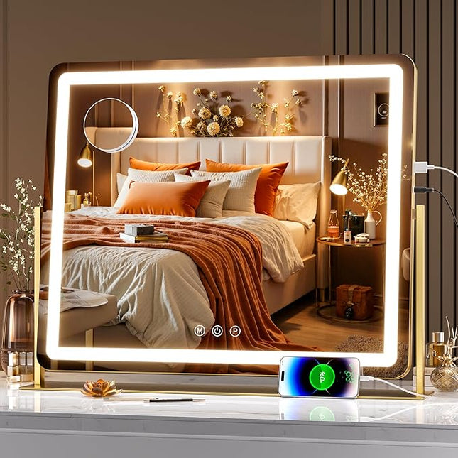 Hasipu Extra Large LED Vanity Mirror 25" x21” - Makeup Mirror with 10X Magnification, Phone Holder, USB Charging & Smart Touch 3-Color Lighting (Gold)