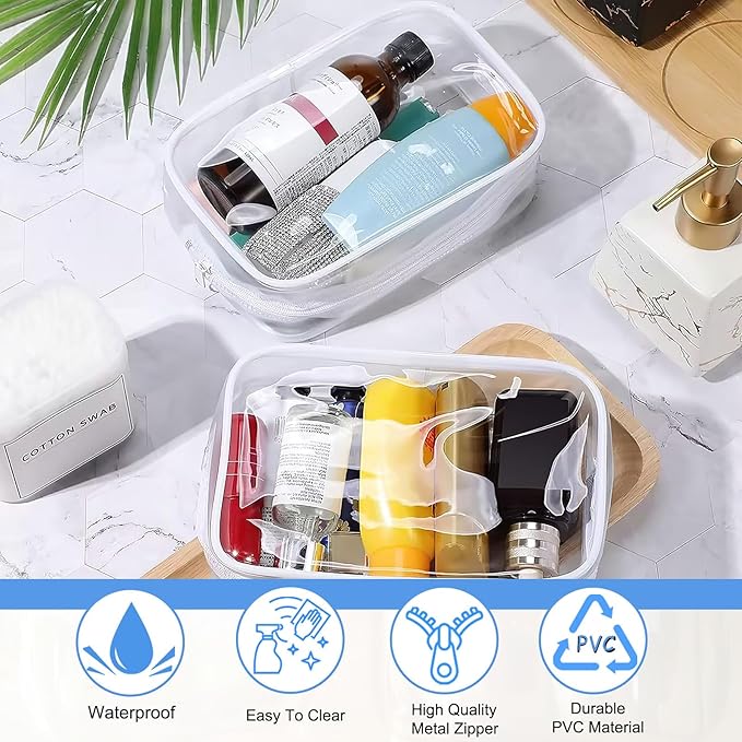 12 Pieces Clear Cosmetic Bag, PVC Waterproof Makeup Bags with Zipper, TSA Approved Toiletry Bag for Travel, Transparent Pouches Organizer Storage for Men and Women (White, Small)
