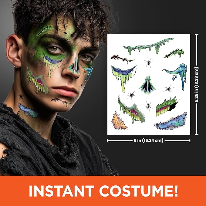 Zombie Face Temporary Tattoos – 25 Pack | Realistic Halloween Costume Makeup, Scars, Wounds & Blood FX, Easy to Apply & Remove, Waterproof, Skin-Safe