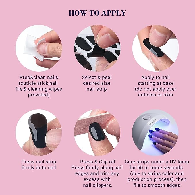 MelodySusie Semi Cured Gel Nail Strips (Micro Black French Tip), Works with Nail Lamp, Salon Quality, Long Lasting, Easy to Apply and Remove, Includes 20Pcs, 2 Prep Pads, Nail File and Wooden Stick