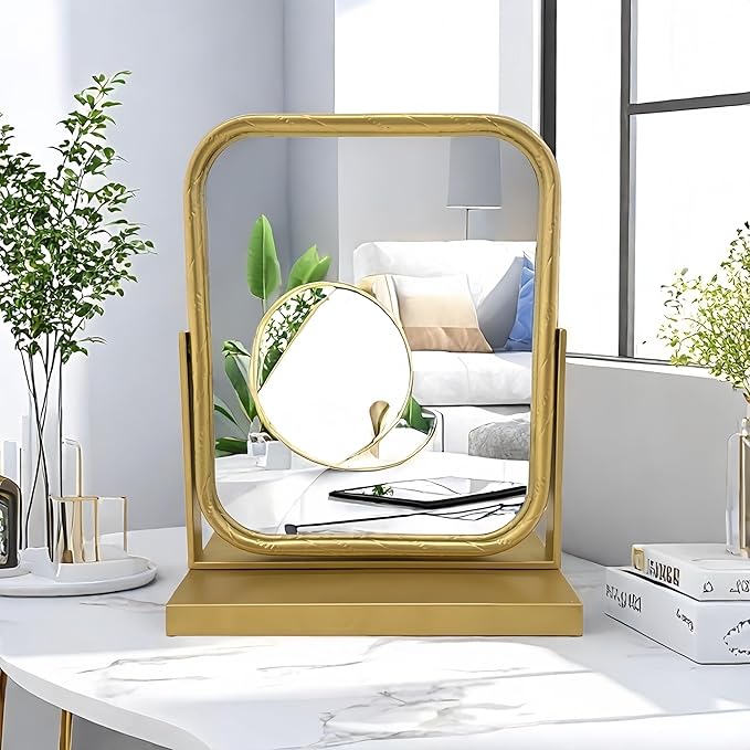 Tabletop Vanity Mirror Adjustable Rotation Golden Metal Framed Gold Vanity Mirror, Room for Living Room,Bedroom,Tabletop,Bathroom.