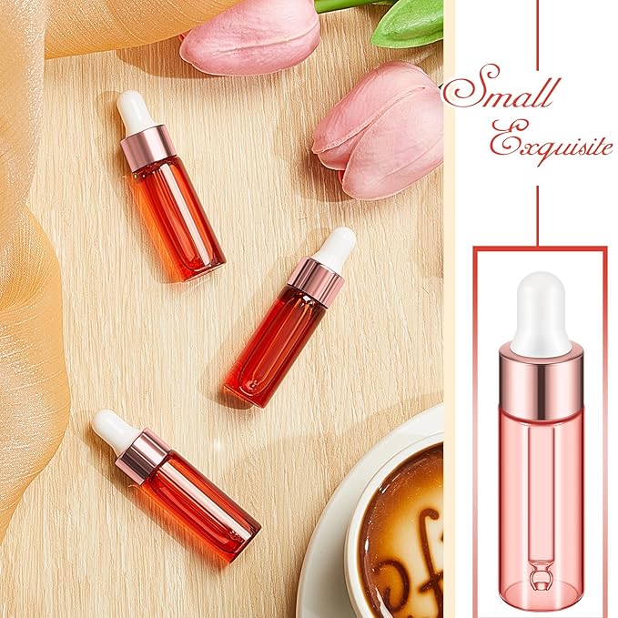 100 Pcs Mini Glass Oil Dropper Bottle Bulk, Clear Essential Small Empty Bottles Sample Containers Perfume Liquid Vials with Cap for Traveling (5 ml,Pink Body)