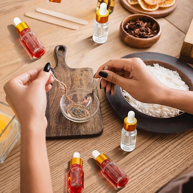 100 Pcs Mini Glass Oil Dropper Bottle Bulk, Clear Essential Small Empty Bottles Sample Containers Perfume Liquid Vials with Cap for Traveling (10 ml,Gold)