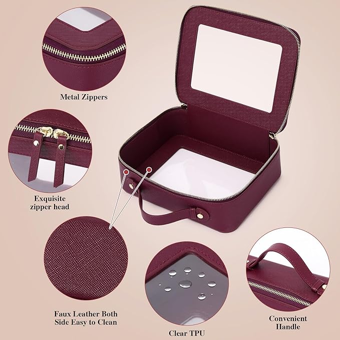 Pinkmik Clear Makeup Bag Waterproof Travel Case for Cosmetics and Toiletries Women's Purse Organizer and Clear Car Bag with Zipper (X/Burgundy, L+M+MINI)