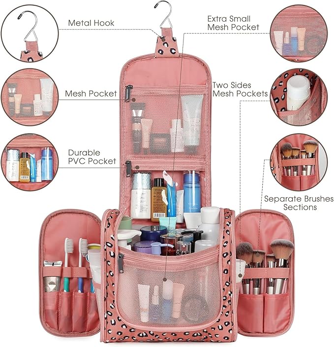 Narwey Hanging Cheetah Toiletry Bag for Women Travel Makeup Bag Organizer Toiletries Bag for Cosmetics Essentials Accessories (Large, Orange Leopard)