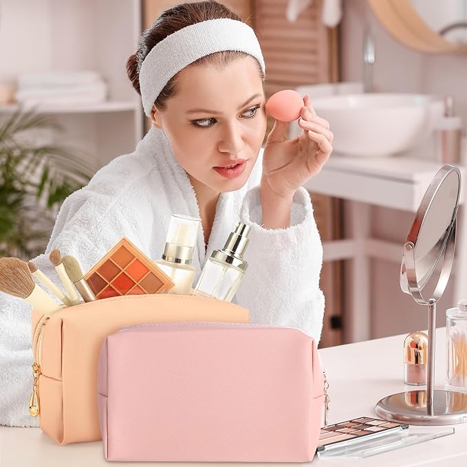 Sanwuta 9 Pcs Makeup Bags Bulk PU Double Zippers Cosmetic Bag Makeup Toiletry Pouch Portable Travel Organizers Case for Women Bachelorette Party End of The Year Bridesmaid Gift(Pink Brown Series)