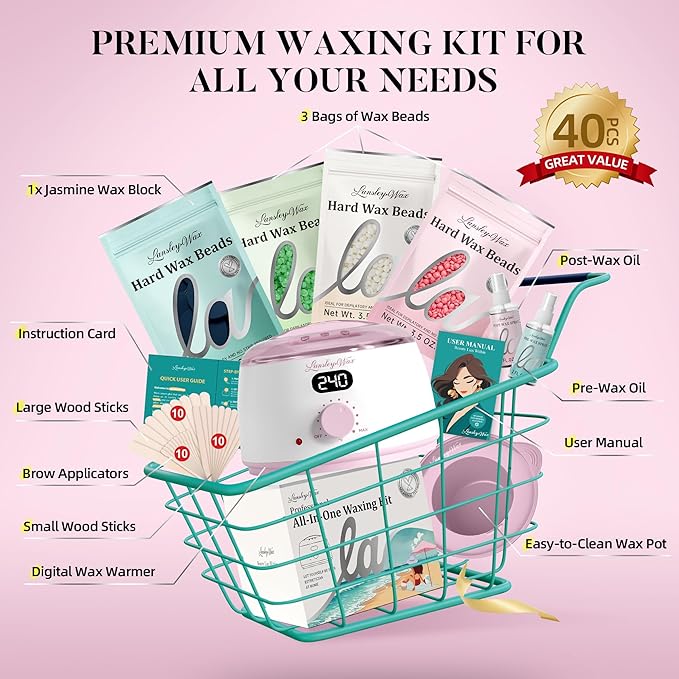 LANSLEYWAX Digital Waxing Kit for Women Men - Pink Wax Machine with 39 Accessories - Hard Wax Kit for Face Eyebrow Lip Brazilian Bikini Sensitive Skin, Waxing Warmer Hair Removal for Home/Salon Use