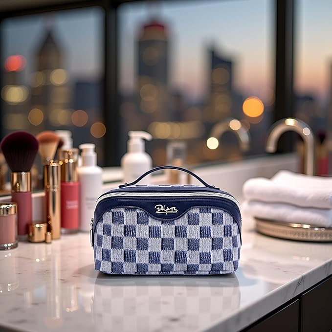 BOYATU Travel Makeup Bag for Women: Large Cosmetic Bag Set of 3 - PU Leather Make up Bag with Compartments - Compact Waterproof Toiletry Bag with Divider & Handle (C-05Deep Blue)