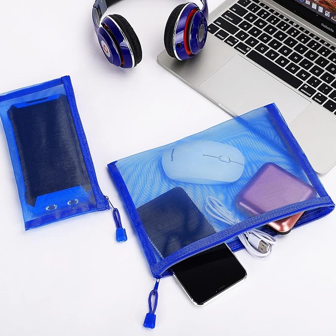 12 Pieces Zipper Nylon Mesh Pouch, Mesh Cosmetic Bags Makeup Bags Pencil Case, Multipurpose Travel Bags for Cosmetic School Office Supplies and Travel Accessories (Blue, A5) (WB06)