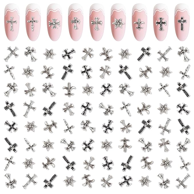Artdone Nail Art Studs Kit, 3D Silver Cross Nail Charms and Star Gems Bulk Nail Jewels Shiny Crosses for DIY Professional Manicures Decoration