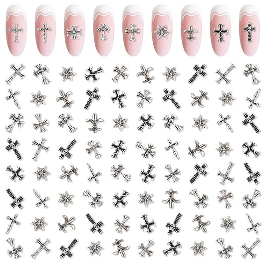 Artdone Nail Art Studs Kit, 3D Silver Cross Nail Charms and Star Gems Bulk Nail Jewels Shiny Crosses for DIY Professional Manicures Decoration