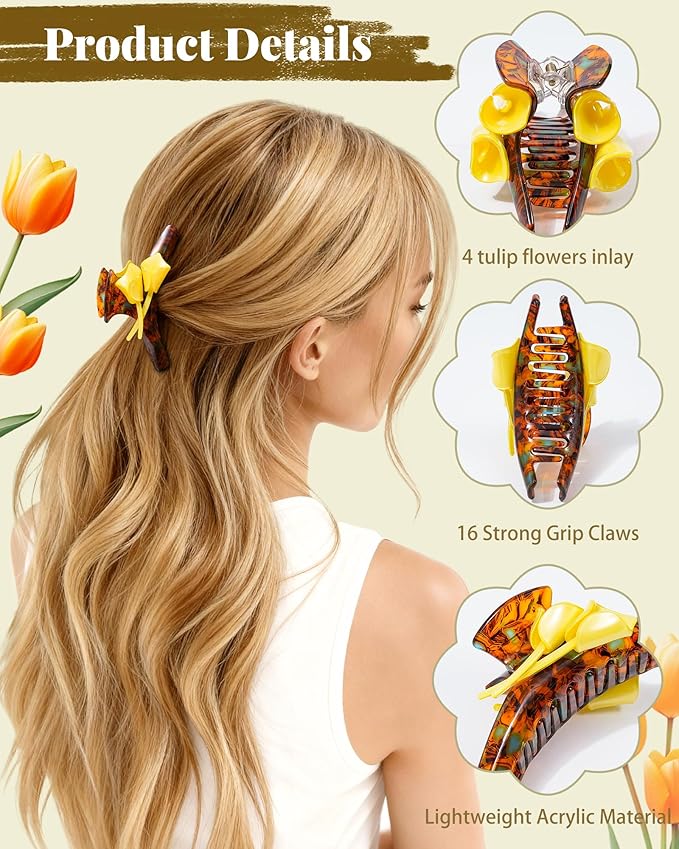 ACECHA Tulip Flower Acrylic Hair Clip Set, 6 Piece Large Claw Clips & No Crease Hair Clips for Thin and Thick，Non-Slip Hair Grip Hairclips for Makeup, Salon, Strong Hold Jaw Clamps (Black & Coffee)