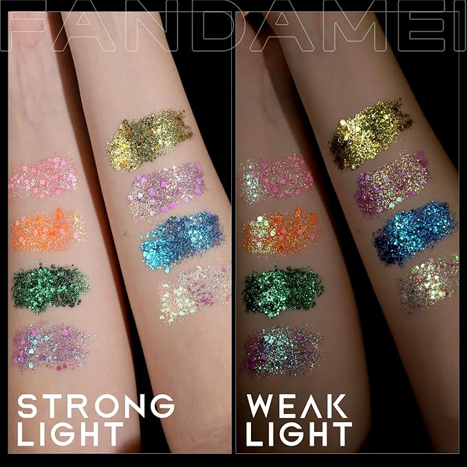 FANDAMEI Face Glitter Palette, 2PCS 8 Colors Glitter Gel for Face, Body Glitter for Women, Hair Glitter for Kids, Halloween Fairy Rave Mermaid Makeup Glitter