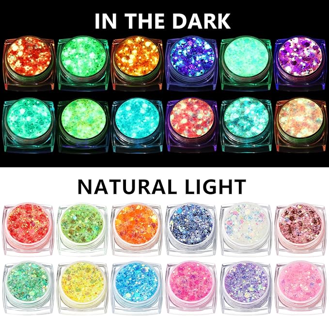 Teenitor Glow in The Dark Glitter, 12 Colors Body Glitter Face Glitter Hair Glitter Gel for UV Black Light Halloween Makeup Festivals Raves