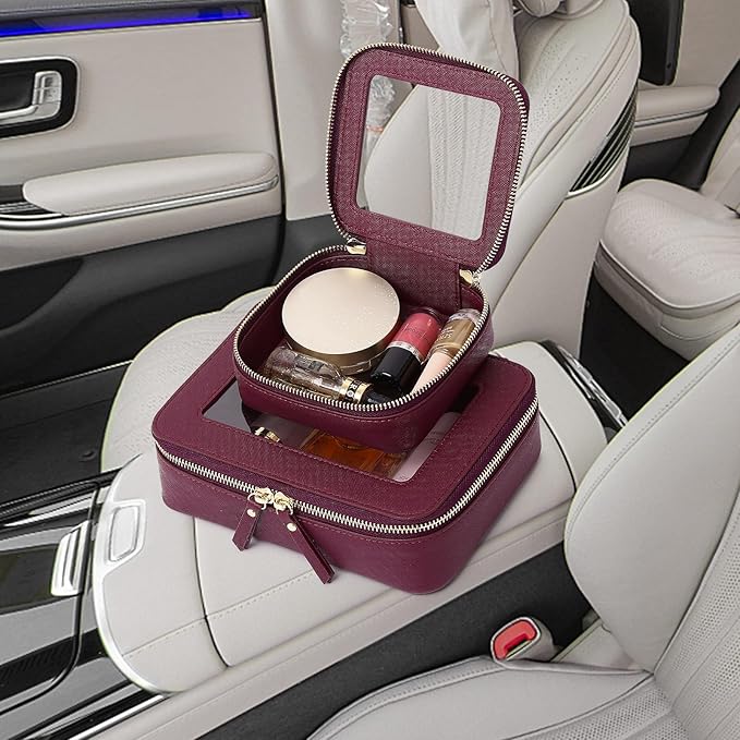 Pinkmik Clear Makeup Bag Waterproof Travel Case for Cosmetics and Toiletries Women's Purse Organizer and Clear Car Bag with Zipper (X/Burgundy, M+MINI)