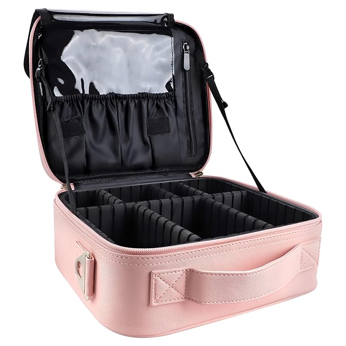 gzcz Makeup Bag Organizer 10.2'' Travel Makeup Train Case Cosmetic Brush Organizer Portable Artist Storage bag with Adjustable Dividers and shoulder strap for Make up Accessories (Cute Pink)