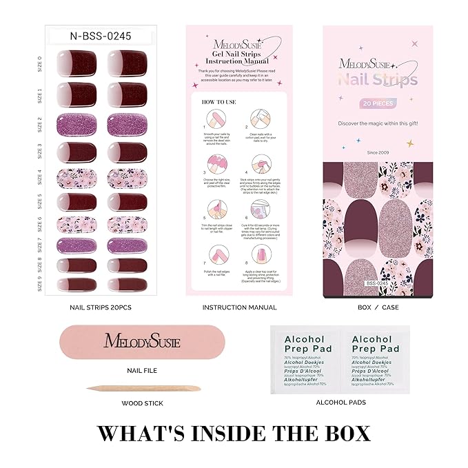 MelodySusie Semi Cured Gel Nail Strips (Garden Flowers), 20 PCS French Tips Gel Nail Stickers, Gel Nail Wraps, UV Light Required, Durable and Salon Quality