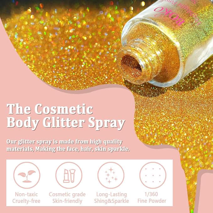 Boko Body Glitter Spray, Holographic Gold Glitter Spray for Body Face Hair Nail Clothes, Hair Glitter Spray Body Shimmer Powder for Highlighter Makeup Mardi Gras Concert Party Rave Accessories