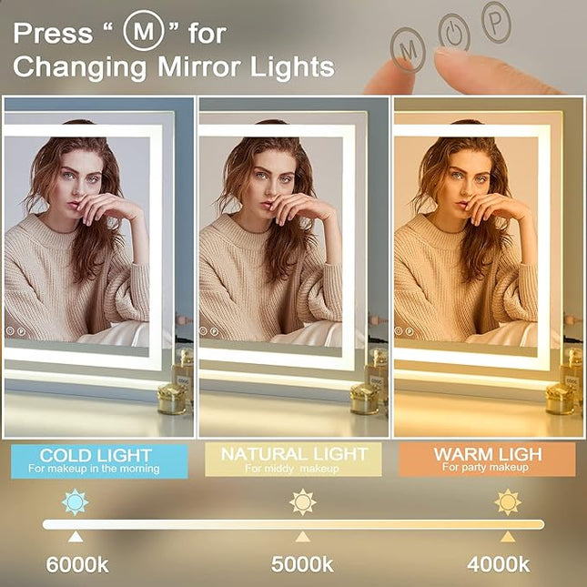 Sucedey Vanity Mirror with Lights, 23" x 18" Makeup Mirror, Hollywood Mirror with 3 Color Modes & Adjustable Brightness, Detachable 10x Zoom Mirror and USB Charging Design (White)