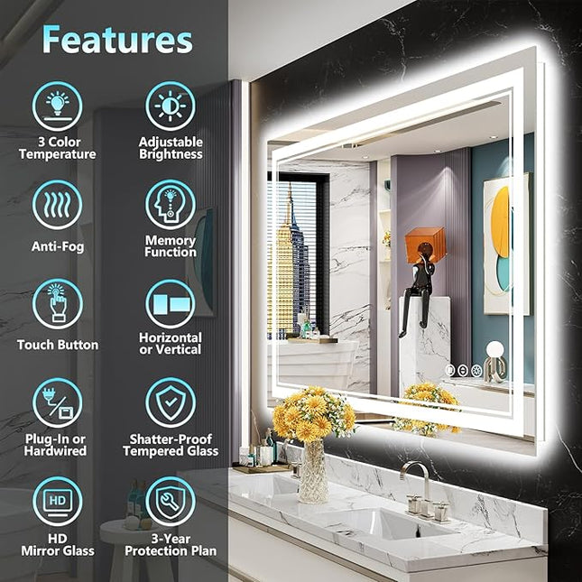 48x28 LED Bathroom Mirror with Lights, Backlit + Front Lit, Anti-Fog Lighted Vanity Mirror for Bathroom Wall, 3 Colors, Dimmable, Memory, HD Tempered Glass, Shatter-Proof, CRI>90, ETL Listed