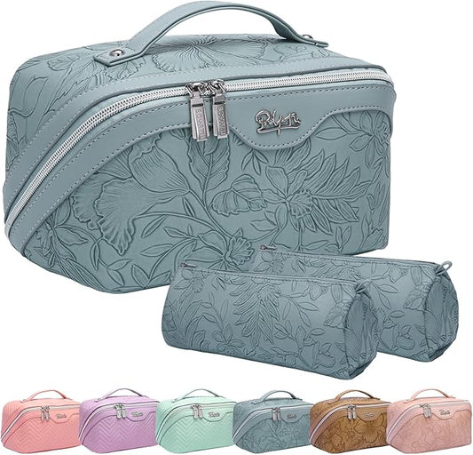BOYATU Travel Makeup Bags Cosmetic Organizer Bag: 3-Set Large Capacity Make up Bag - PU Leather Toiletry Bags for Women - Wide Open Portable Pouch with Divider & Handle (01-Light Blue)
