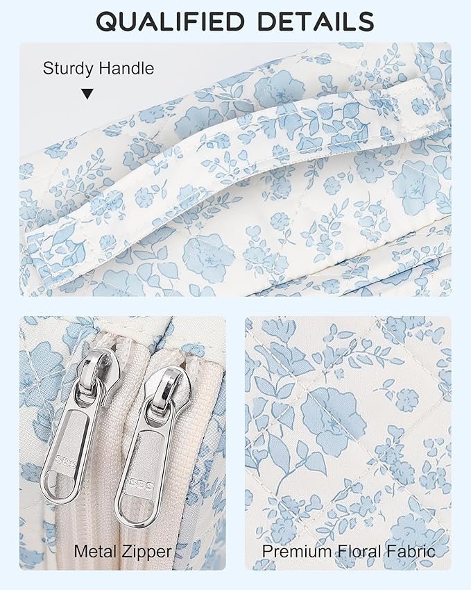 Relavel Travel Makeup Bag, Small Floral Cosmetic Bag with Makeup Brush Compartment, Portable Makeup Pouch for Women, Double Layer Makeup Organizer Bag Cute Toiletry Bag