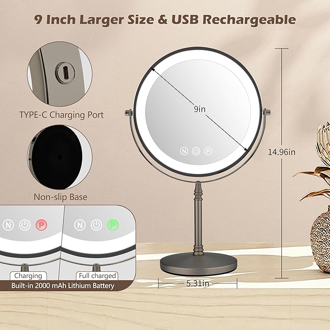 9" Large Lighted Makeup Mirror, 1X/10X Magnifying Mirror with Light, 3 Colors Brightness Adjustable, Rechargeable Double Sided Vanity Mirror with 80 LED Lights Grey