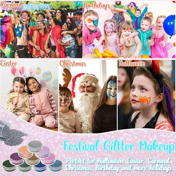 TEUVO Glitter Tattoo Kit for Kids, 50 Glitter Colors, 199 Stencils, 2 Gem Stickers, 4 Glue, 5 Brushes Body Face Arts Glitter Makeup Temporary Tattoos for Girls Halloween Christmas Birthday Party Gifts