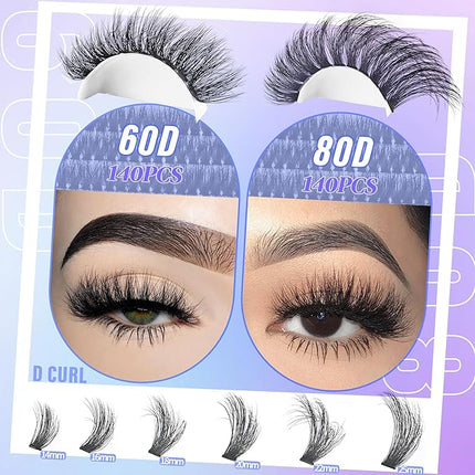 Fluffy Lash Cluster Eyelash Extensions 14-25mm Thick Lash Clusters 60D+80D D Curl Wispy Individual Lashes 280pcs False Eyelashes DIY Plant Fibers Lash Extension, by Yaiseiko