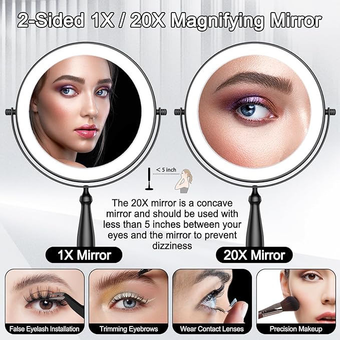 Makeup Mirror with Lights, 20X Magnifying Mirror with Light and 3 Colors, 9" Vanity Mirror with Lights and Adjustable Brightness, 2-Sided Tabletop Mirrors with 360° Rotation, Black Desk Mirrors