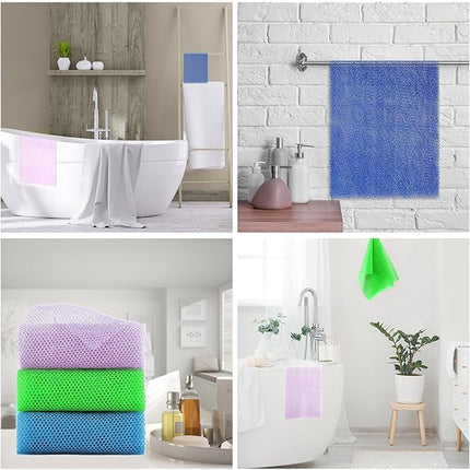 UJFQBH 3 Pieces African exfoliating net African Net Long Net Bath Sponge Exfoliating Shower Body Scrubber Back Scrubber Skin Smoother,Great for Daily Use (Purple, Blue, Green)