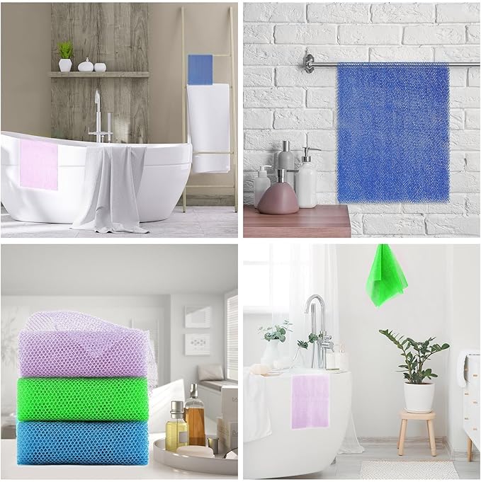 UJFQBH 3 Pieces African exfoliating net African Net Long Net Bath Sponge Exfoliating Shower Body Scrubber Back Scrubber Skin Smoother,Great for Daily Use (Purple, Blue, Green)